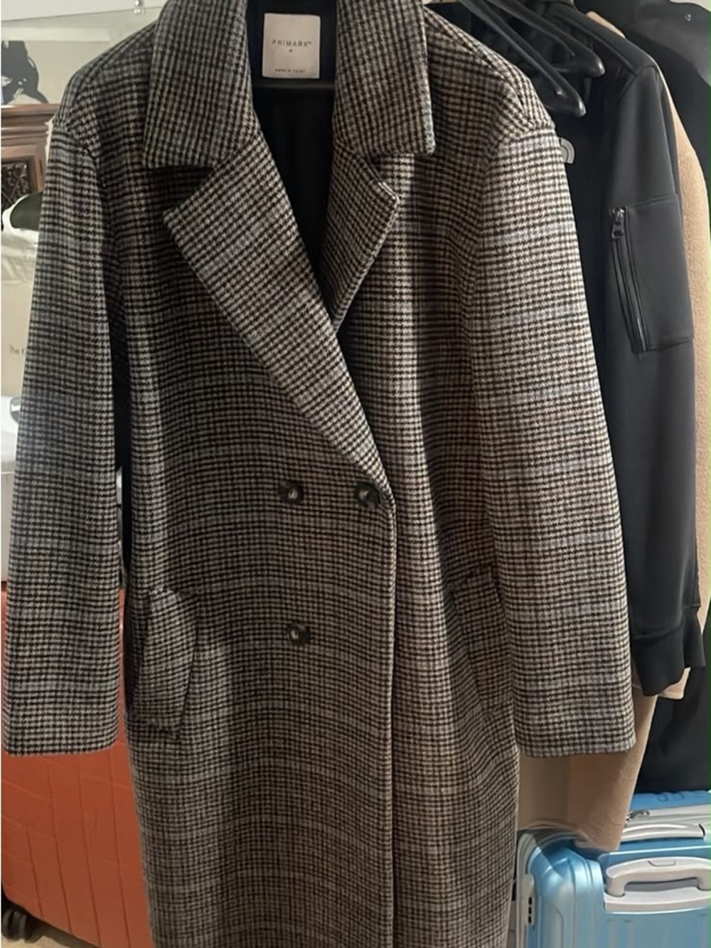 Primark Men’s Double-Breasted Houndstooth Trench Coat in Black & White